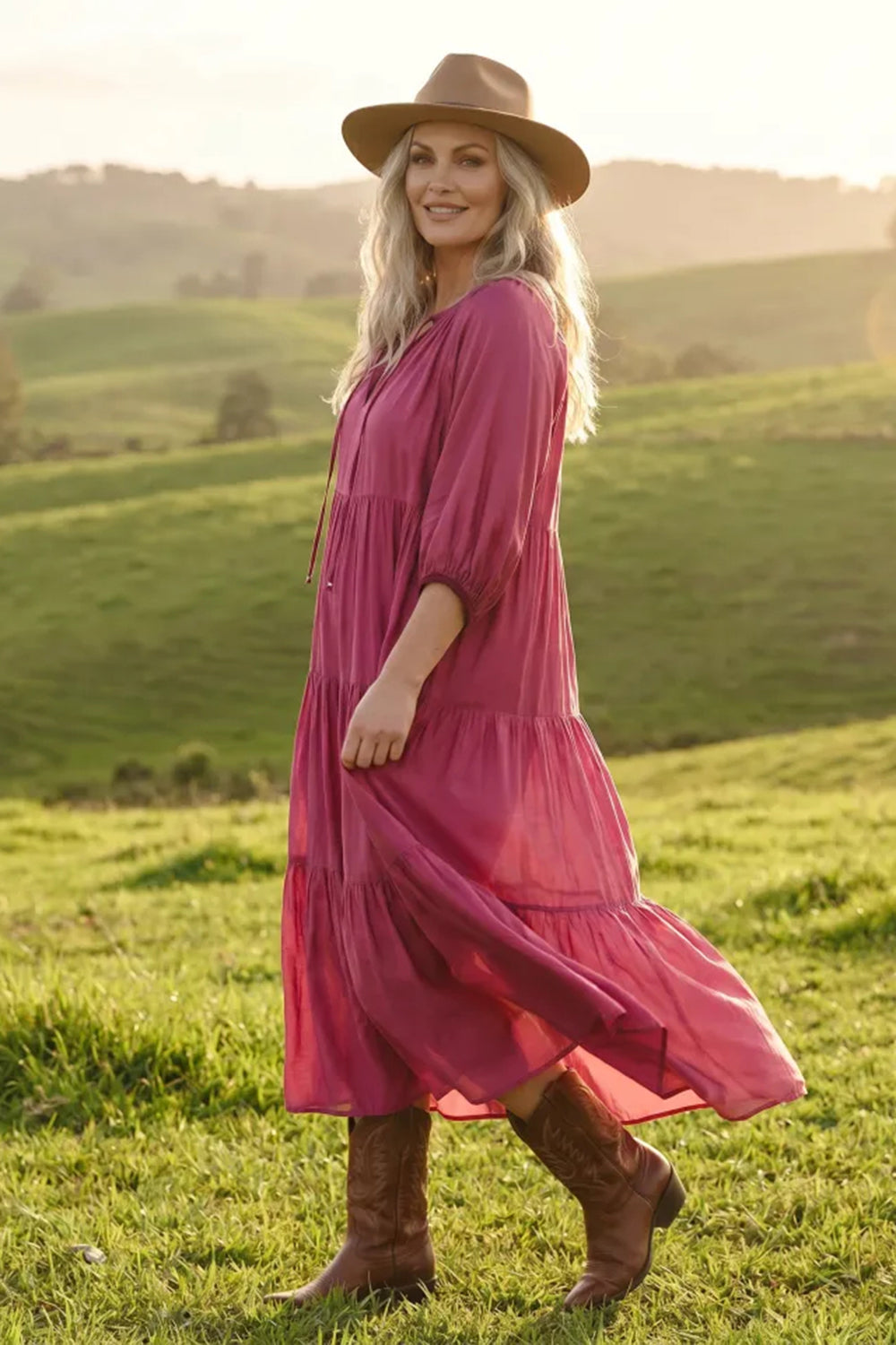 Layla Cotton Silk Tiered Dress in Rose Wine