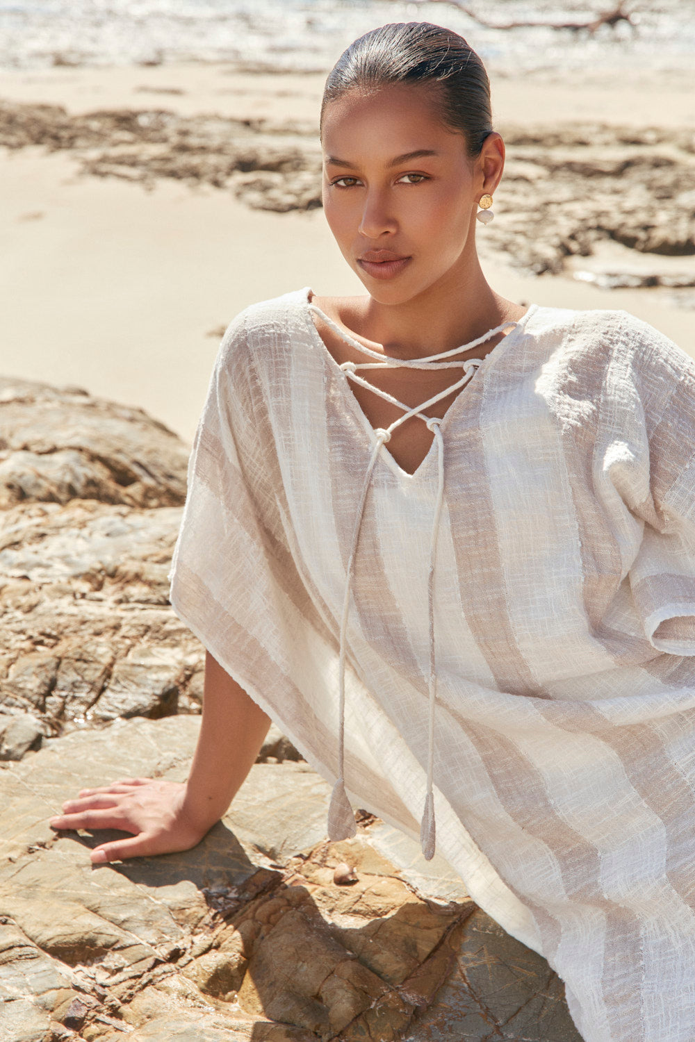 Liesl Short Kaftan in Natural Stripe