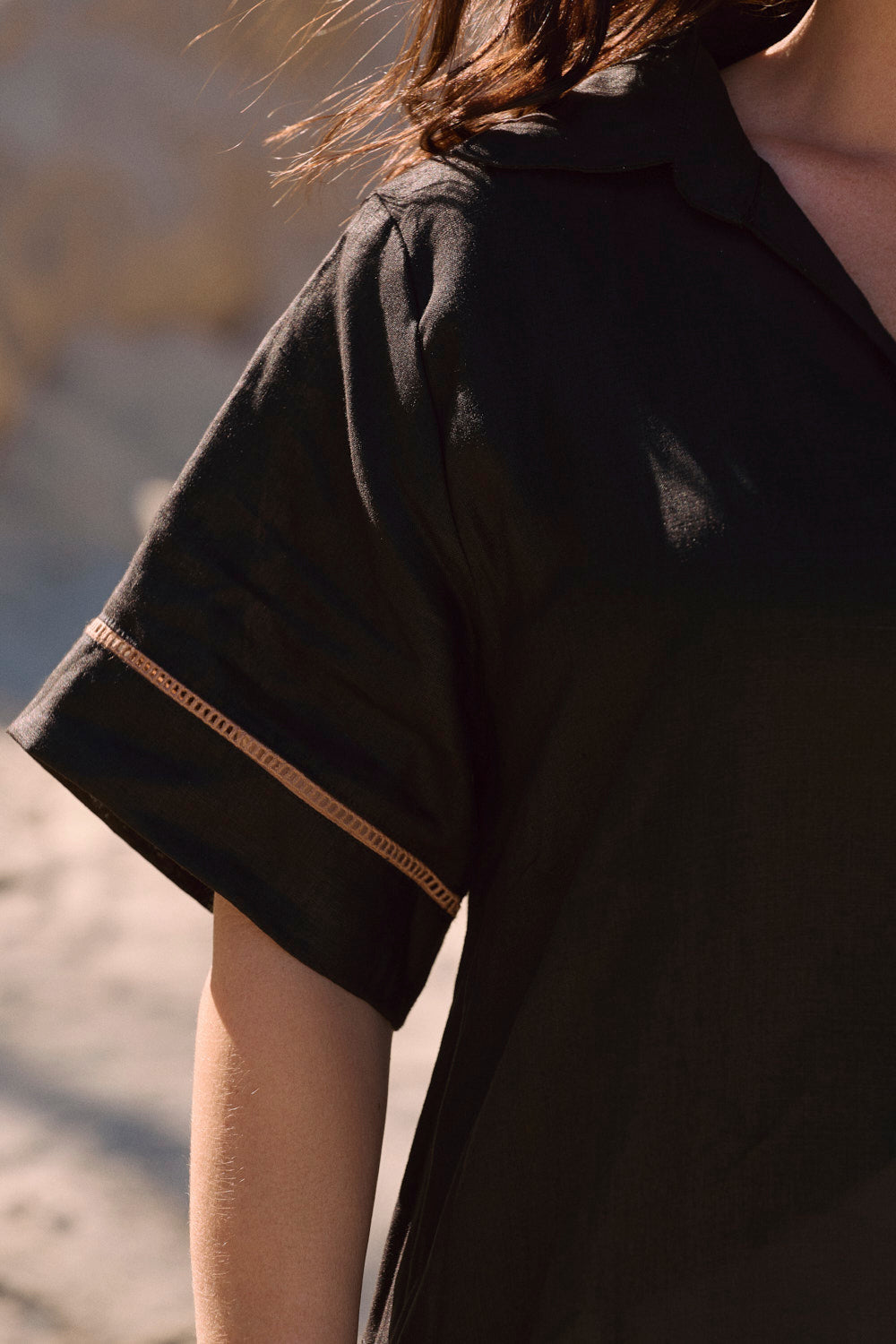 Leni Linen Short Collared Dress in Lace Black featuring lace trim details and pockets, Australian womenswear by Adrift