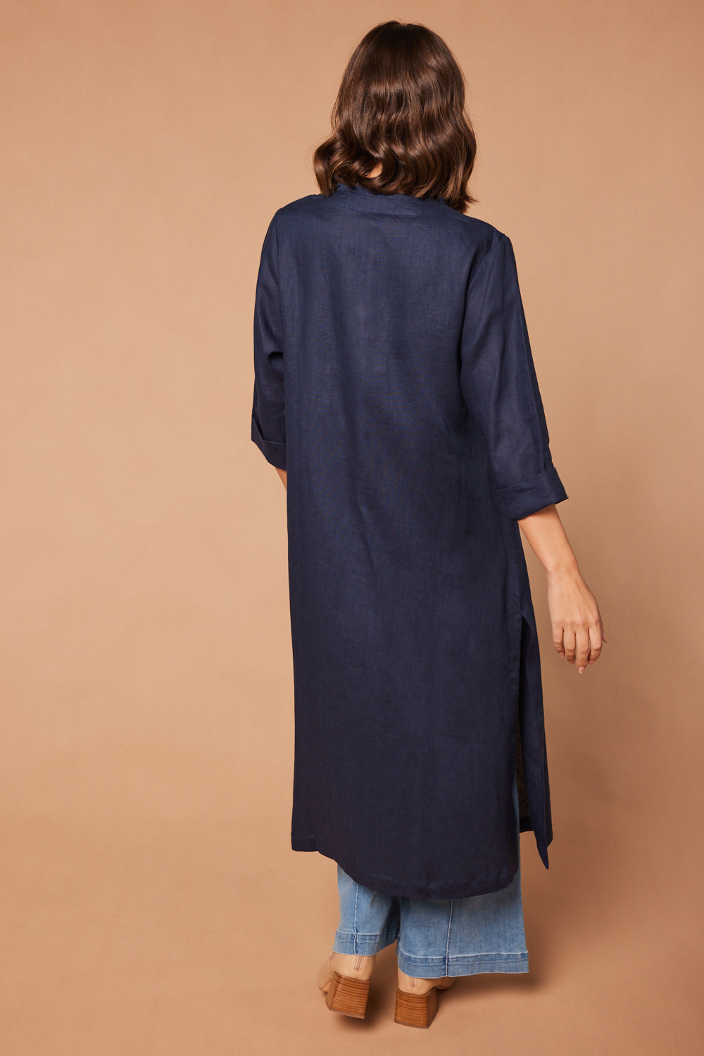 Long Line Fringed Linen Duster Jacket in Navy