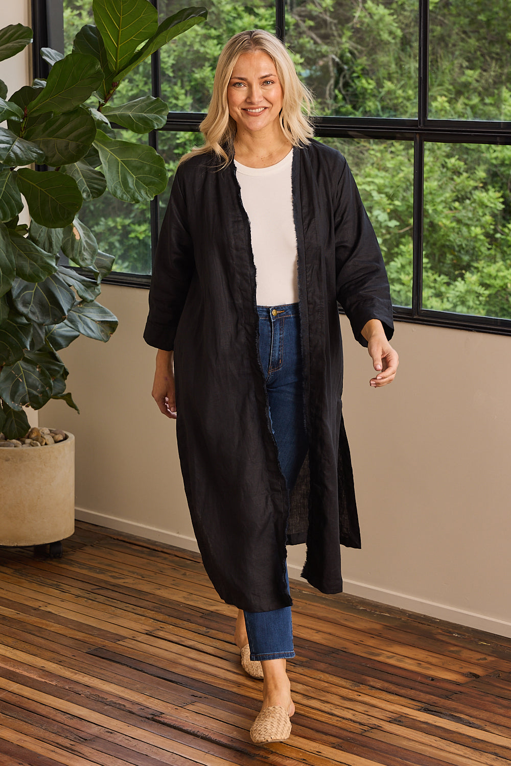 Long Line Fringed Linen Duster Jacket in Black