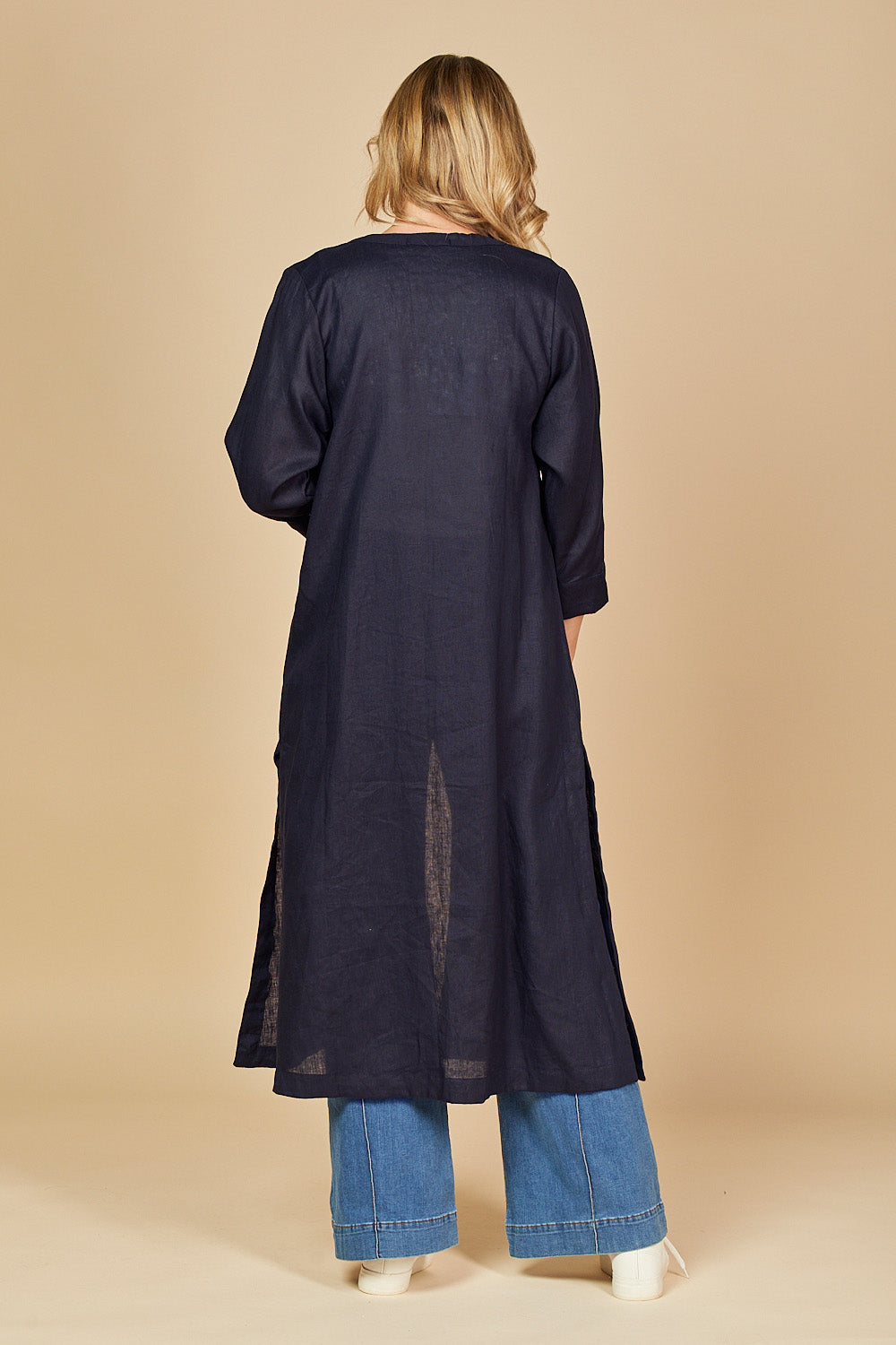 Long Line Linen Duster Jacket in Navy