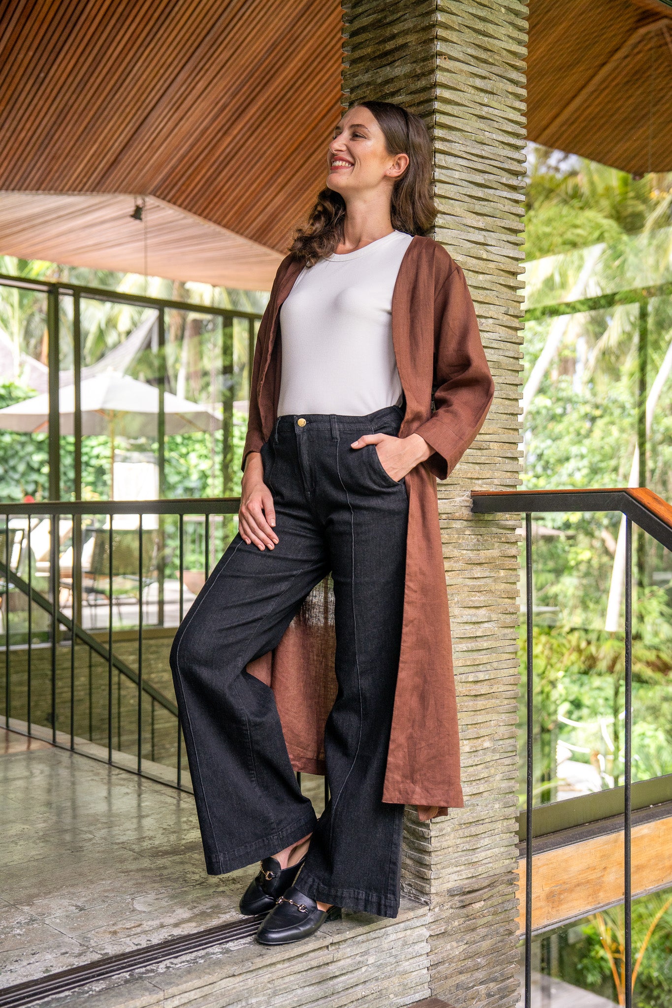 Long Line Linen Duster Jacket in Raisin