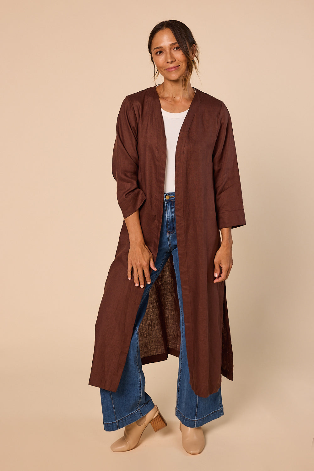 Long Line Linen Duster Jacket in Raisin