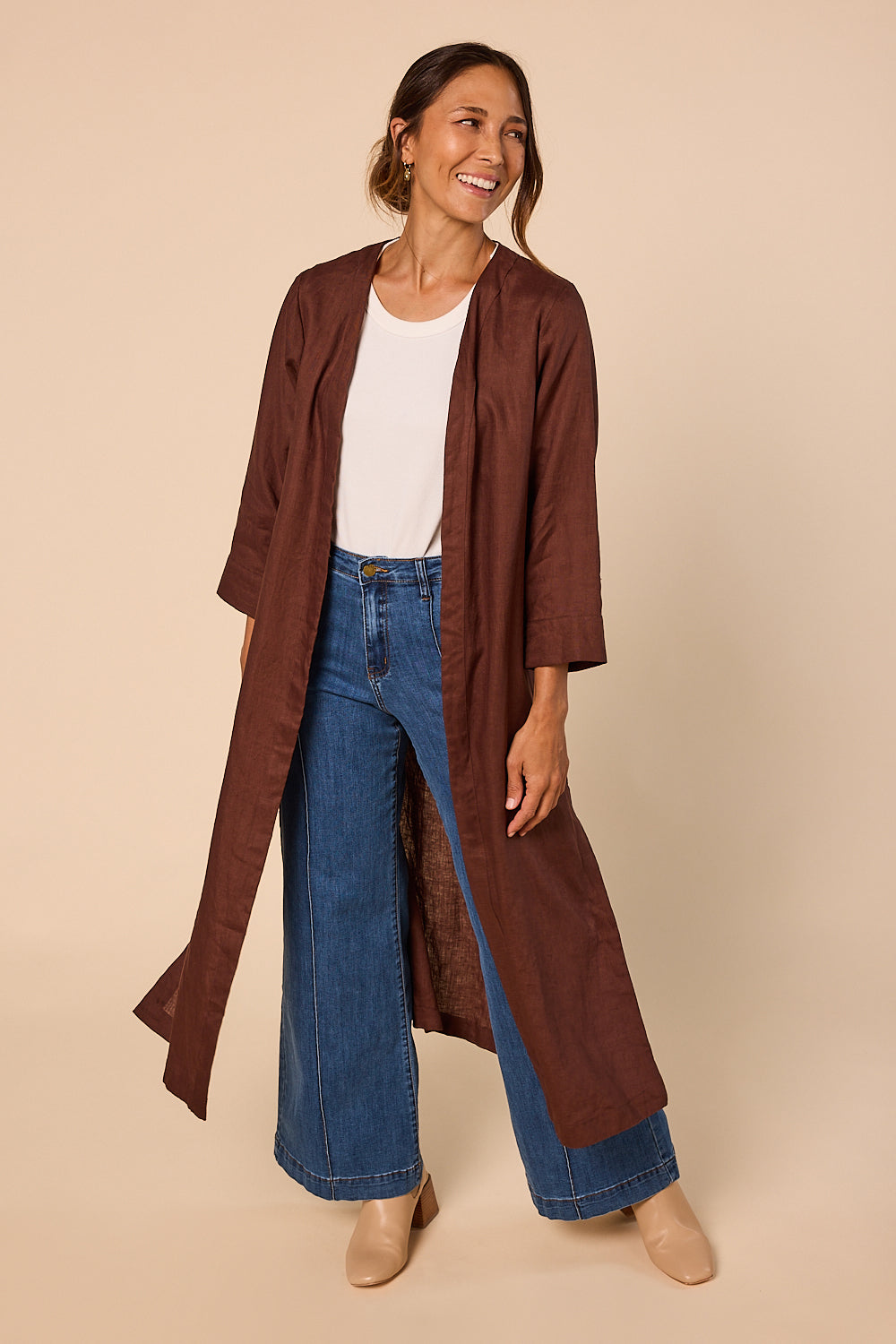 Long Line Linen Duster Jacket in Raisin