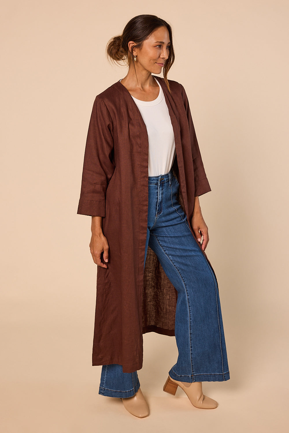 Long Line Linen Duster Jacket in Raisin