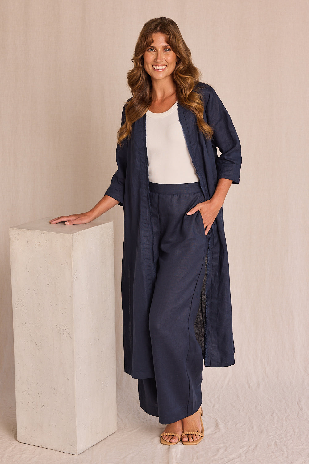 Adrift Considered Long Line Linen Duster Jacket in Navy Open Style Jacket Adrift Clothing