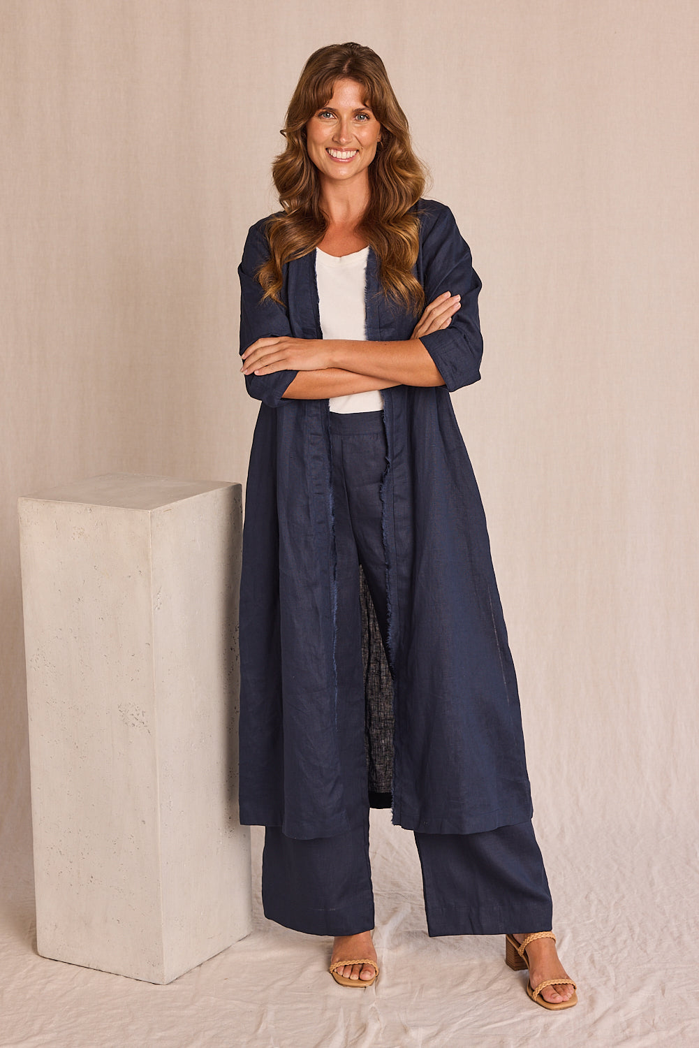 Long Line Fringed Linen Duster Jacket in Navy