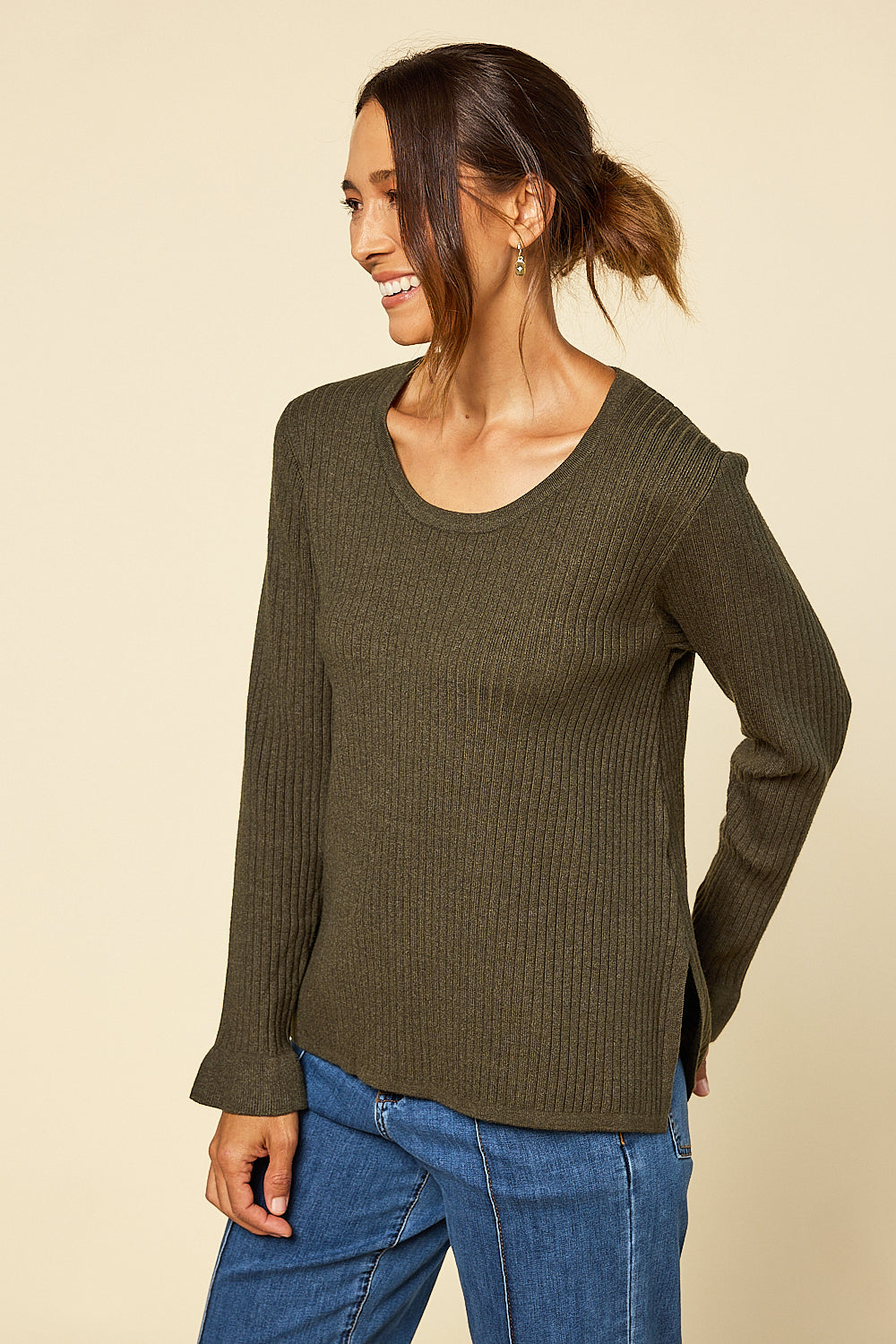 Long Sleeve Knitted Top in Khaki