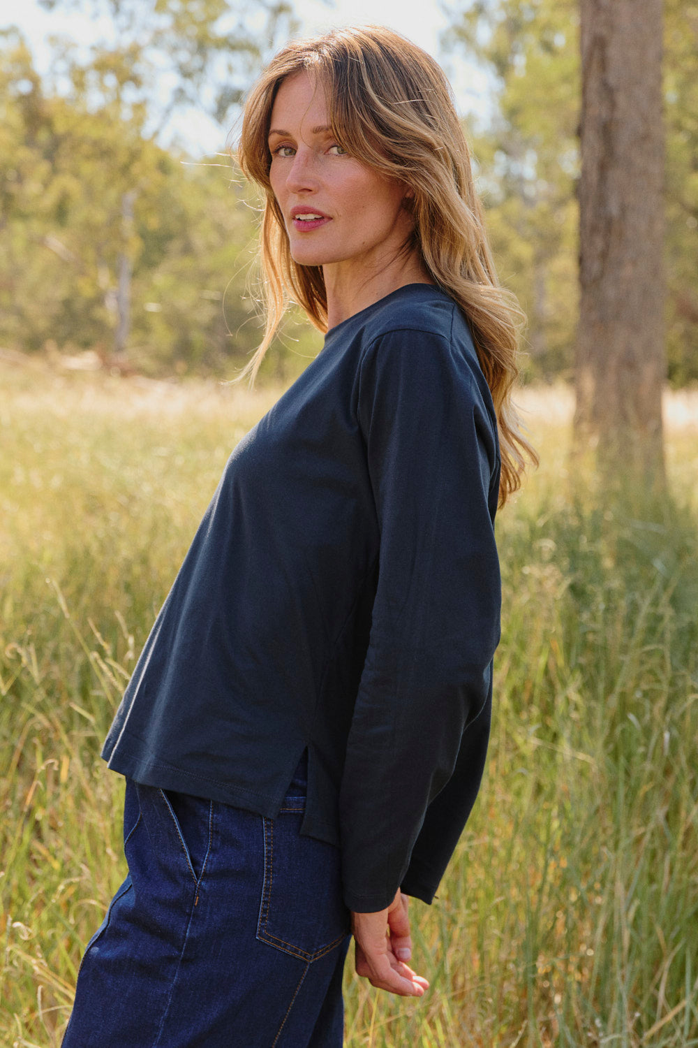 Long Sleeve Round Neck Classic T-Shirt in Navy, Tee - Adrift Clothing