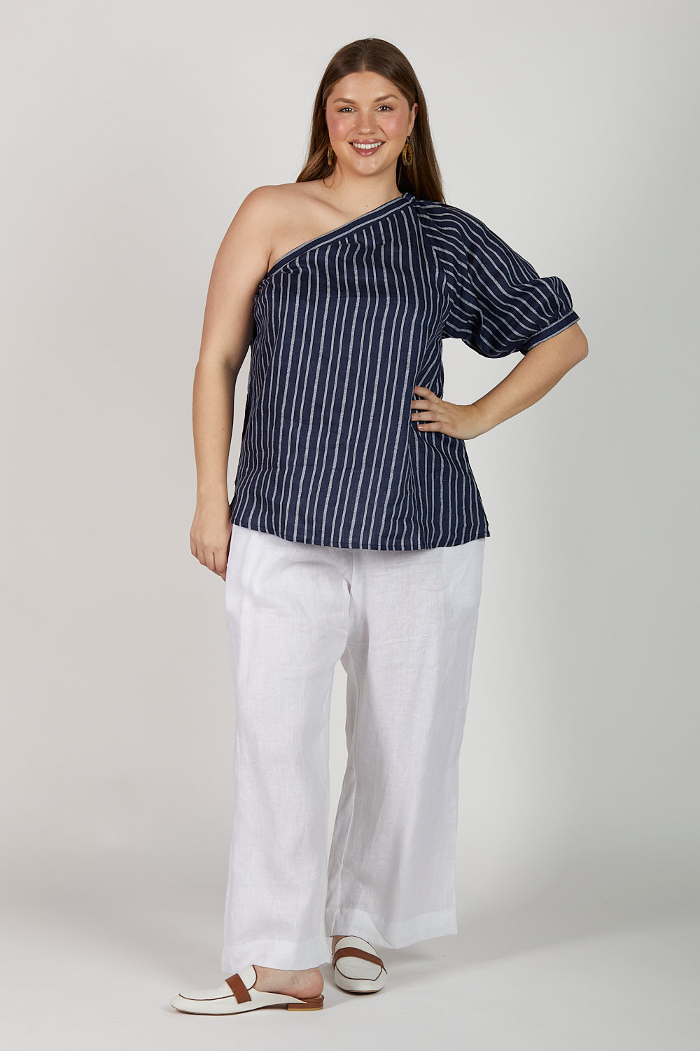 Lou Lou One Shoulder Linen Blouse in Boathouse