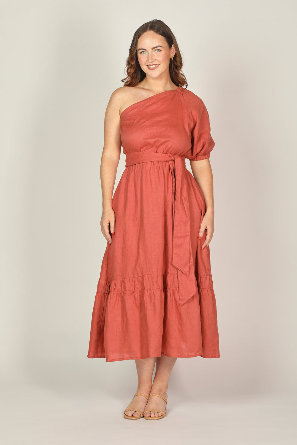 Lou Lou One Shoulder Linen Dress in Desert Rose