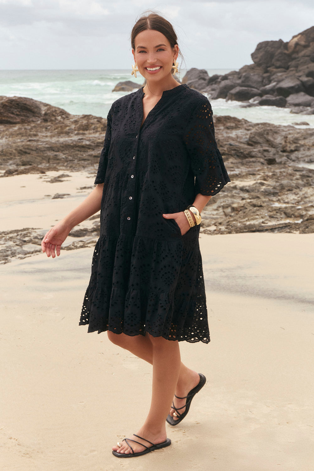 Lynette Shift Dress in Black Broderie
