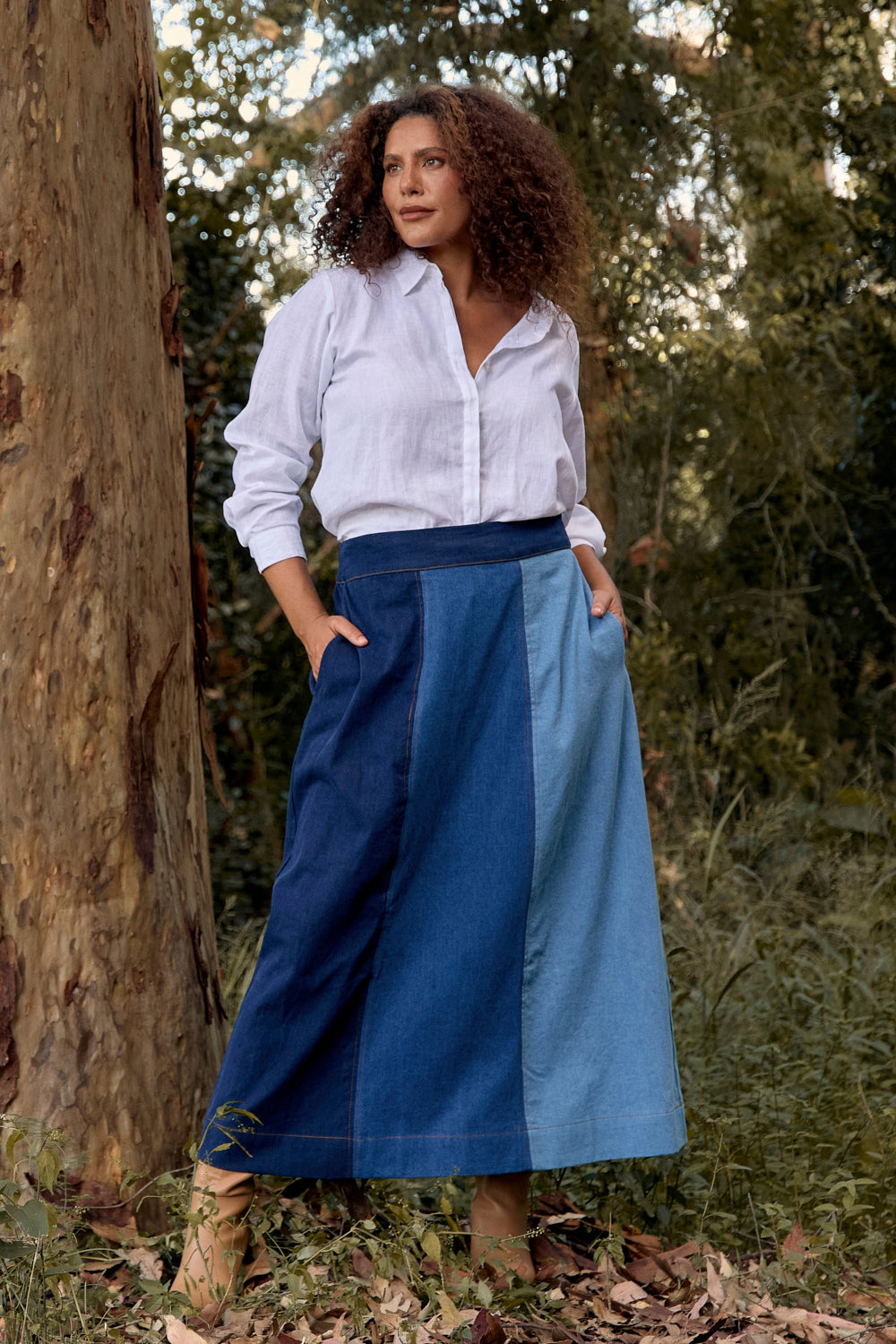 Maddy Denim Maxi Skirt in Patchwork