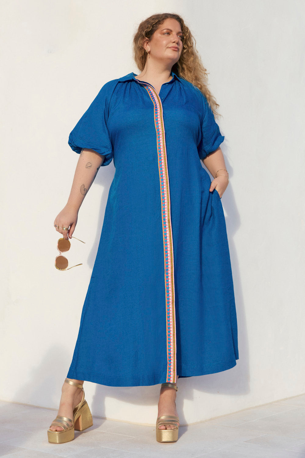 Matilda Linen Collared Dress in Mediterranean