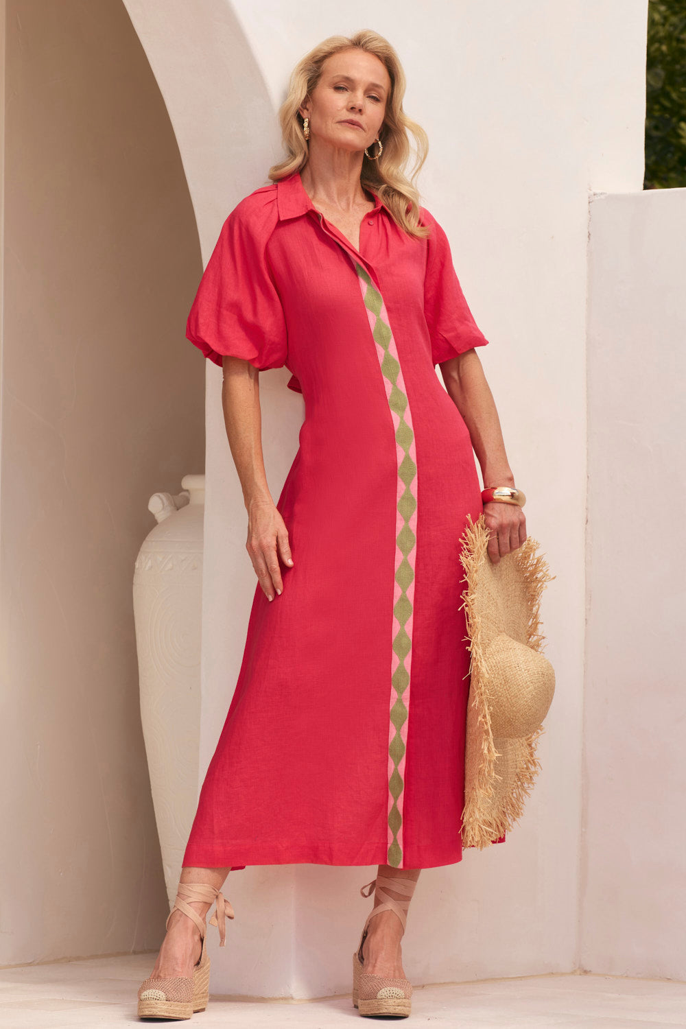 Matilda Linen Collared Dress in Watermelon