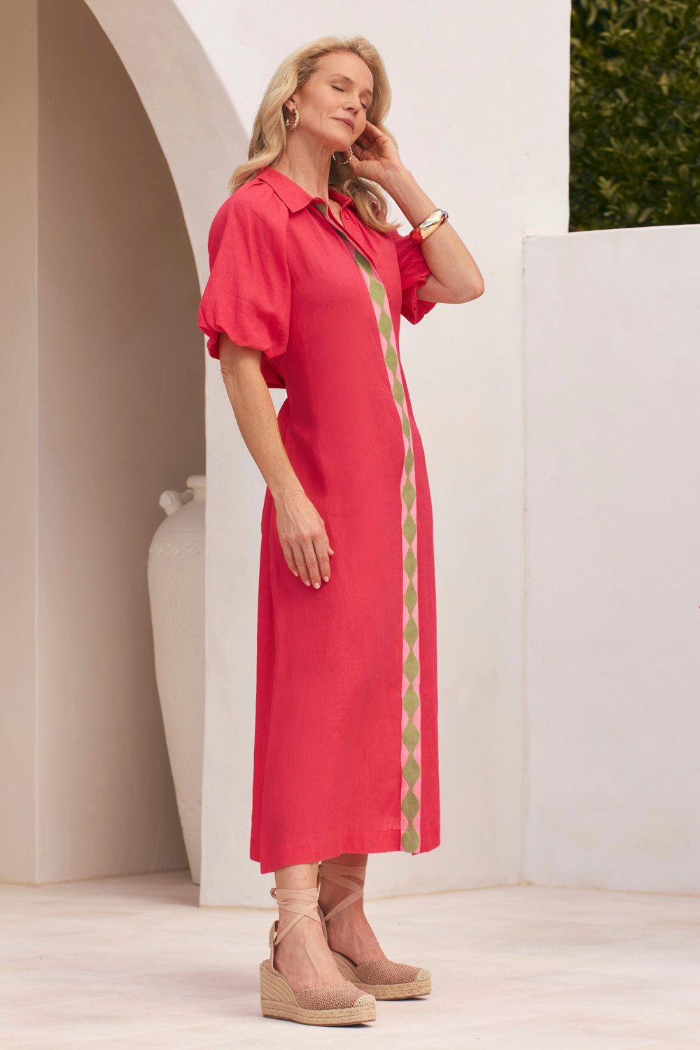 Matilda Linen Collared Dress in Watermelon