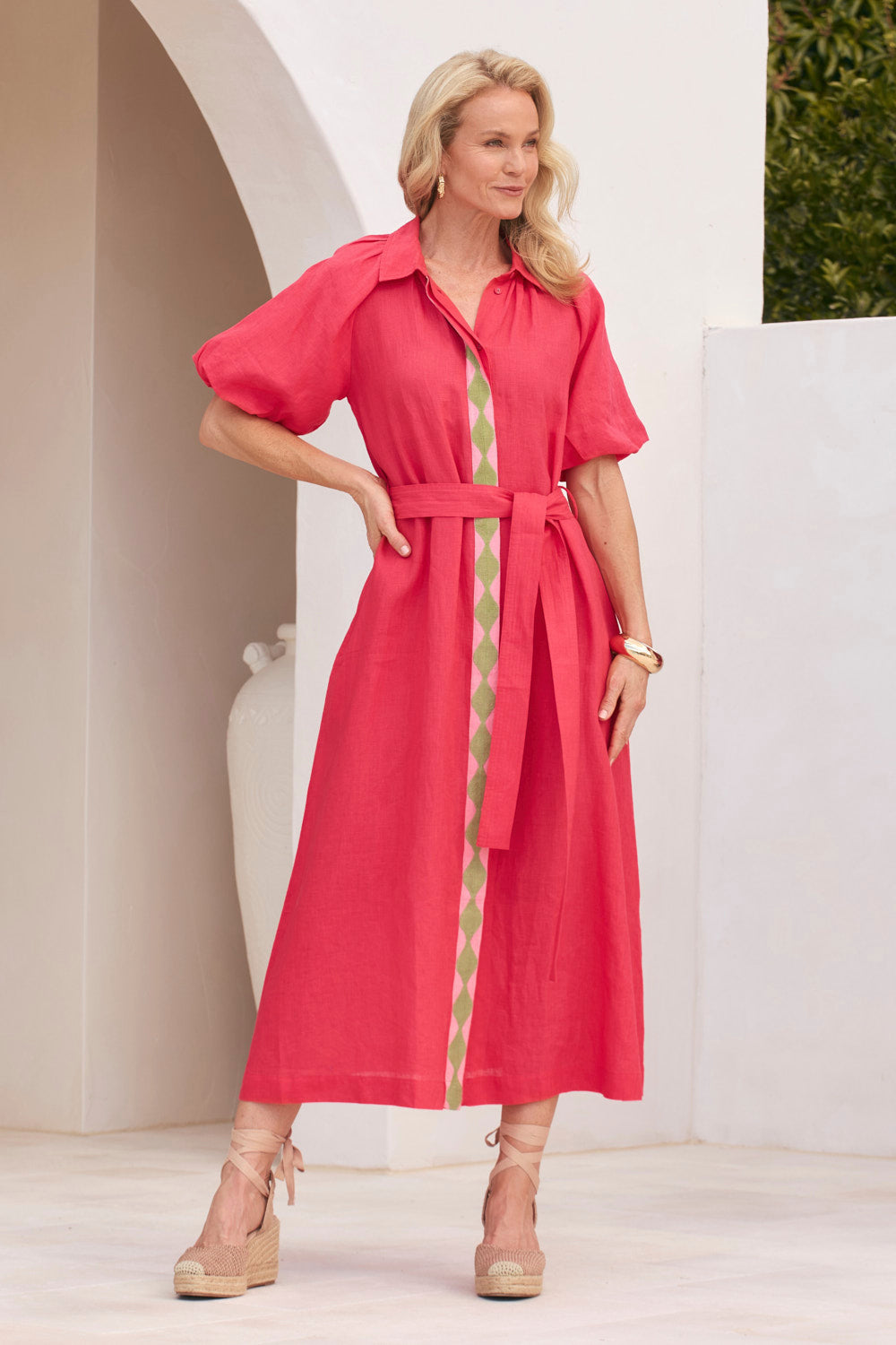 Matilda Linen Collared Dress in Watermelon