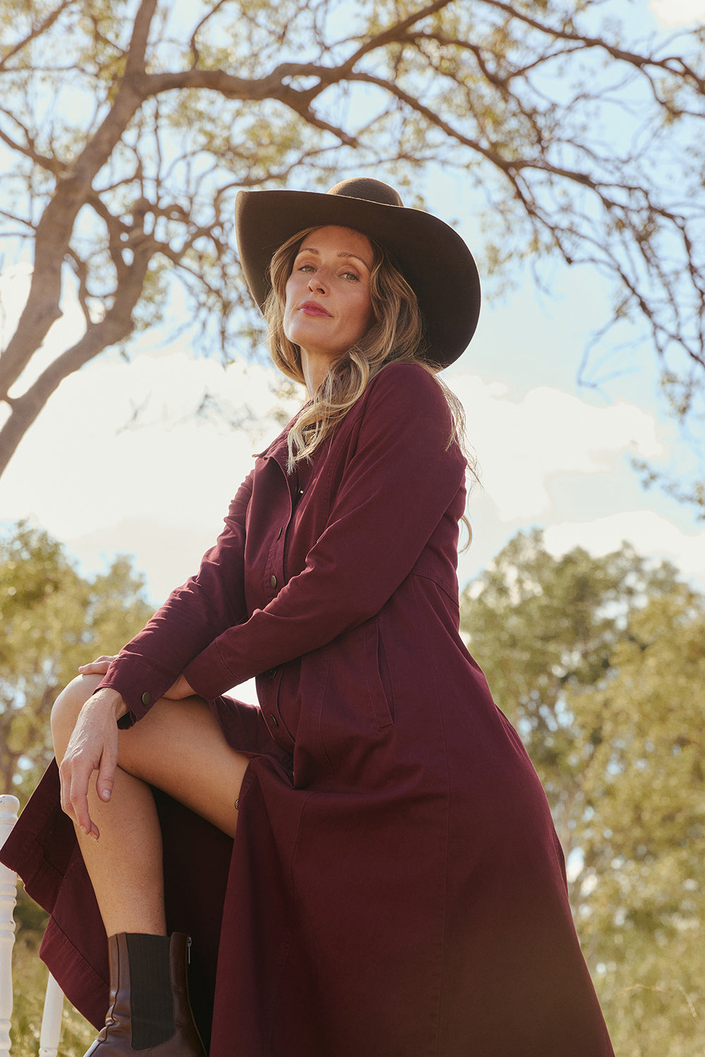 Maya Collared Dress in Burgundy, Midi Dress - Adrift Clothing