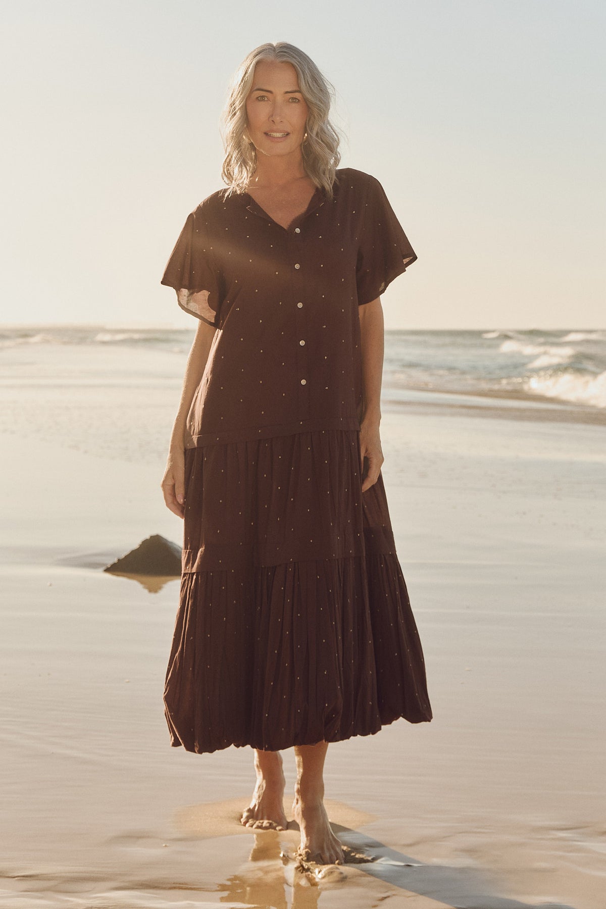 Millie Reversible Flutter Sleeve Dress in Chocolate Aurum