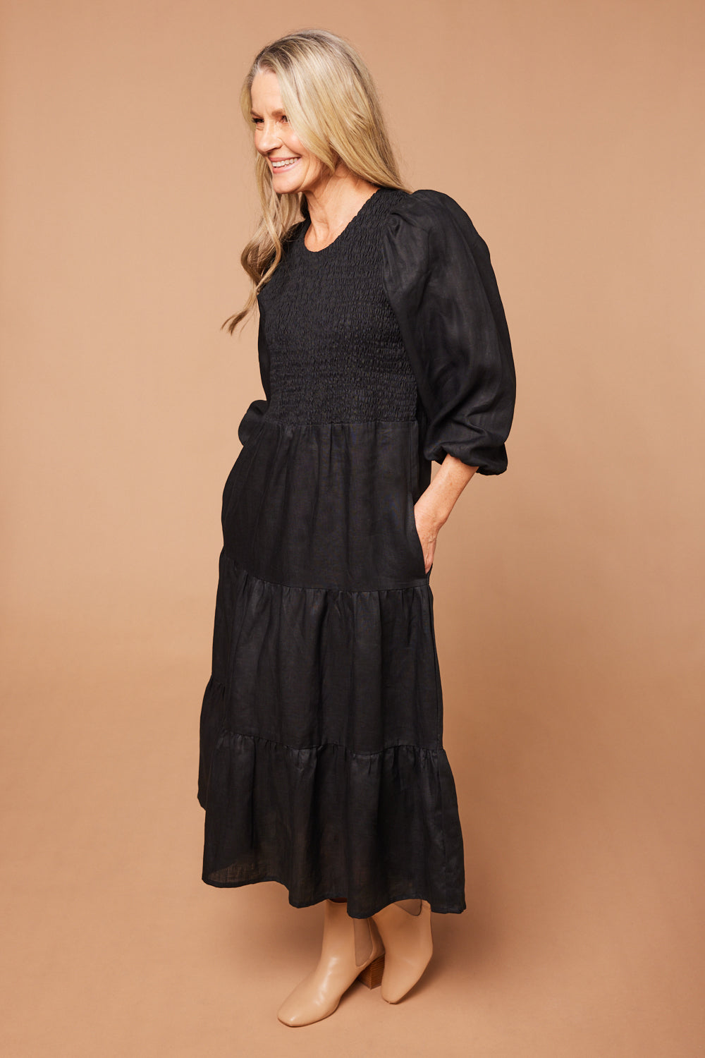 Minden Linen Shirred Dress in Black (7131704918090)