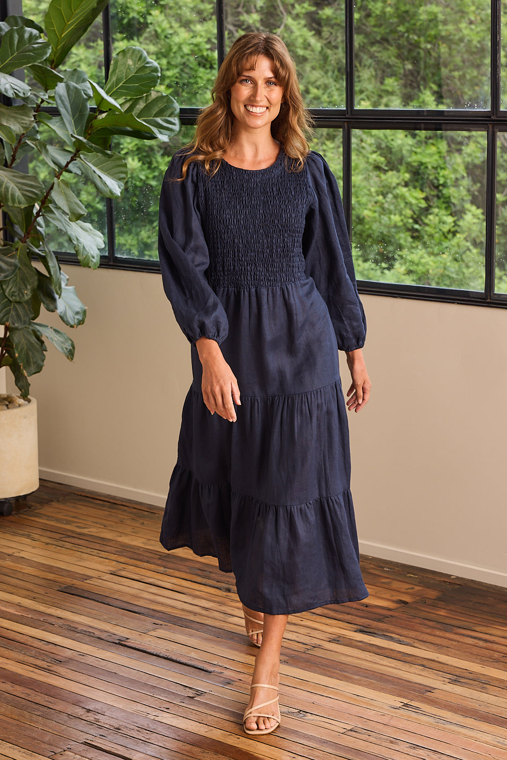 Minden Linen Long Sleeve Shirred Dress in Navy