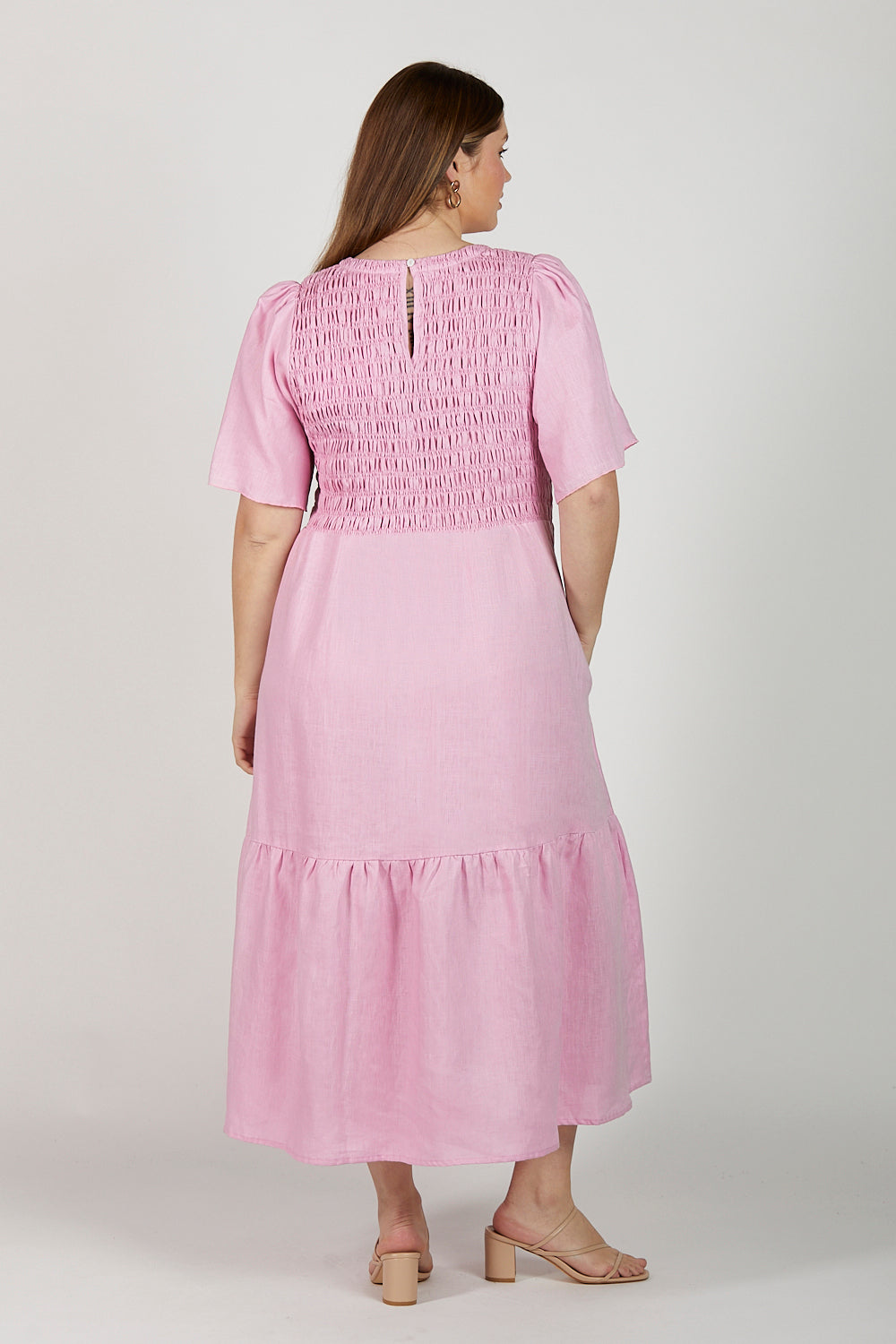 Minden Linen Shirred Dress in Peony