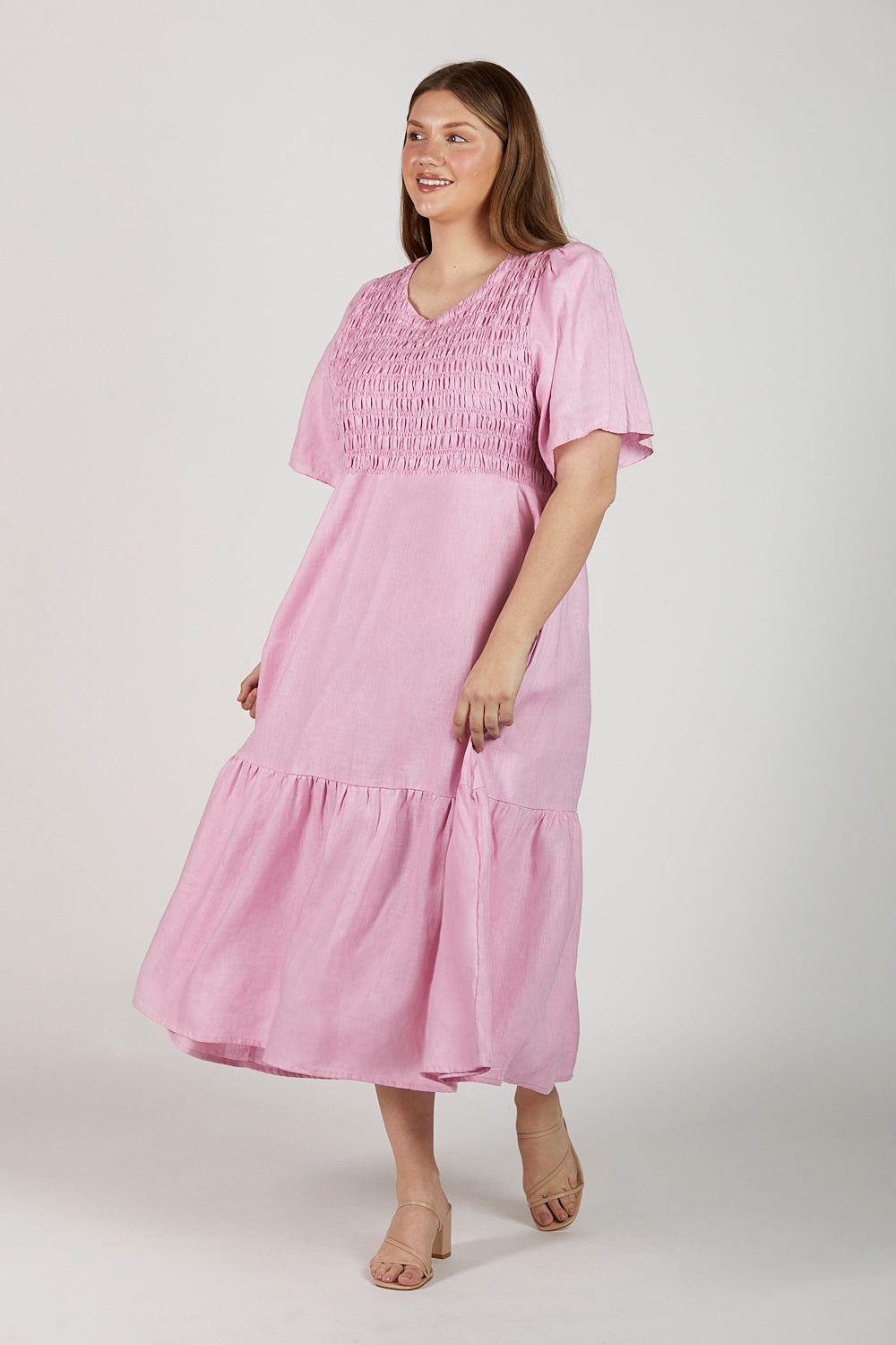 Minden Linen Shirred Dress in Peony