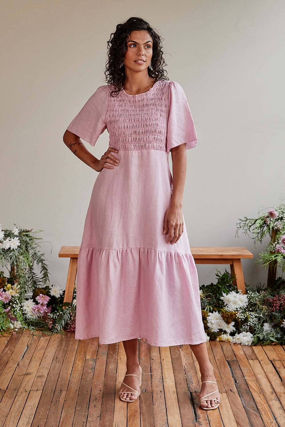 Minden Linen Shirred Dress in Peony