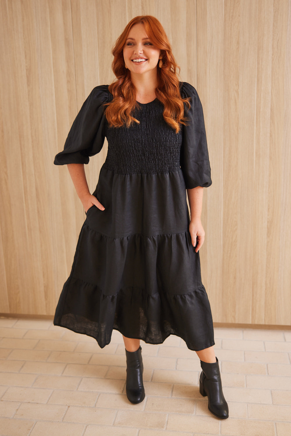 Minden Linen Shirred Dress in Black (7131704918090)