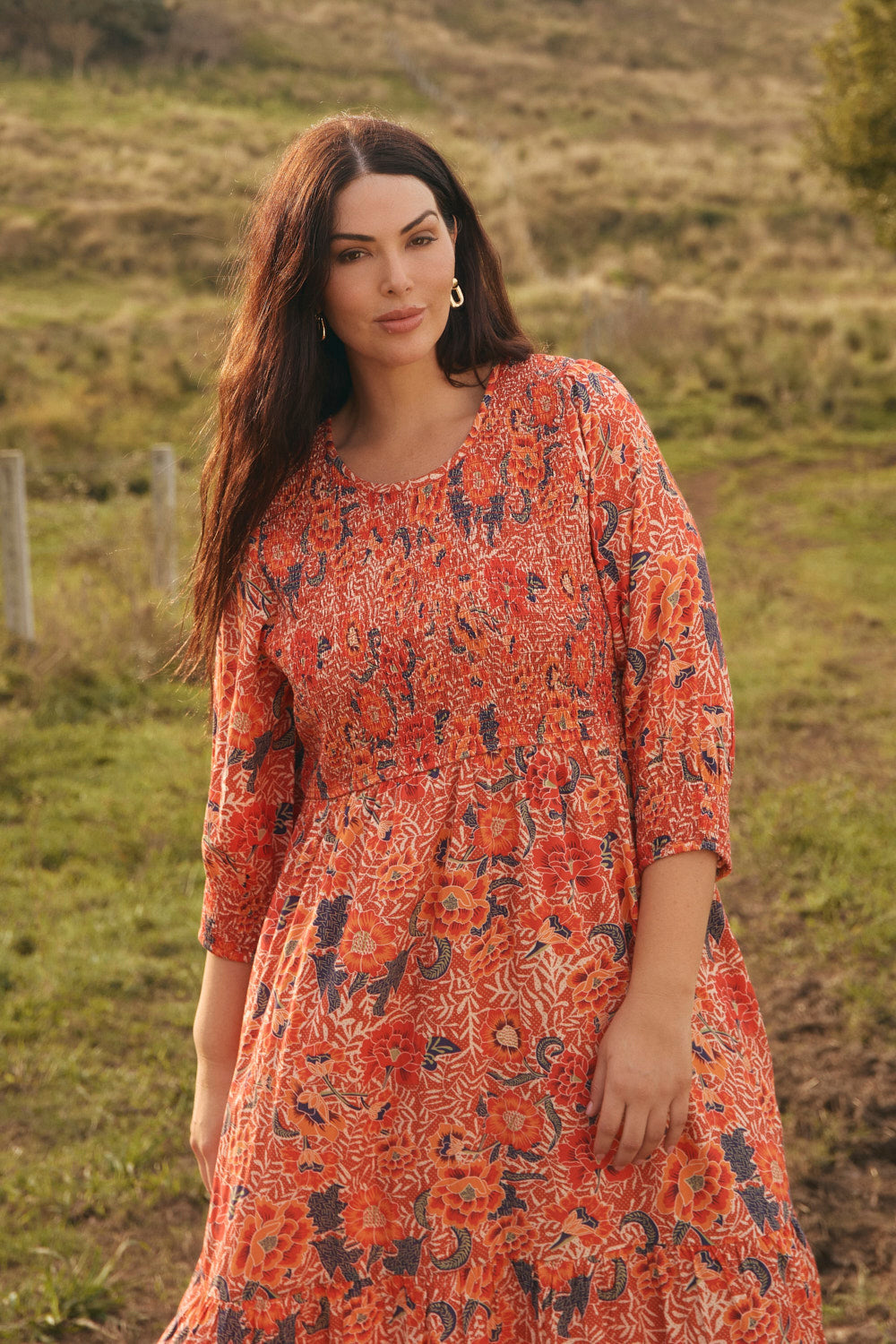 Minden Shirred Dress in Crimson Haze