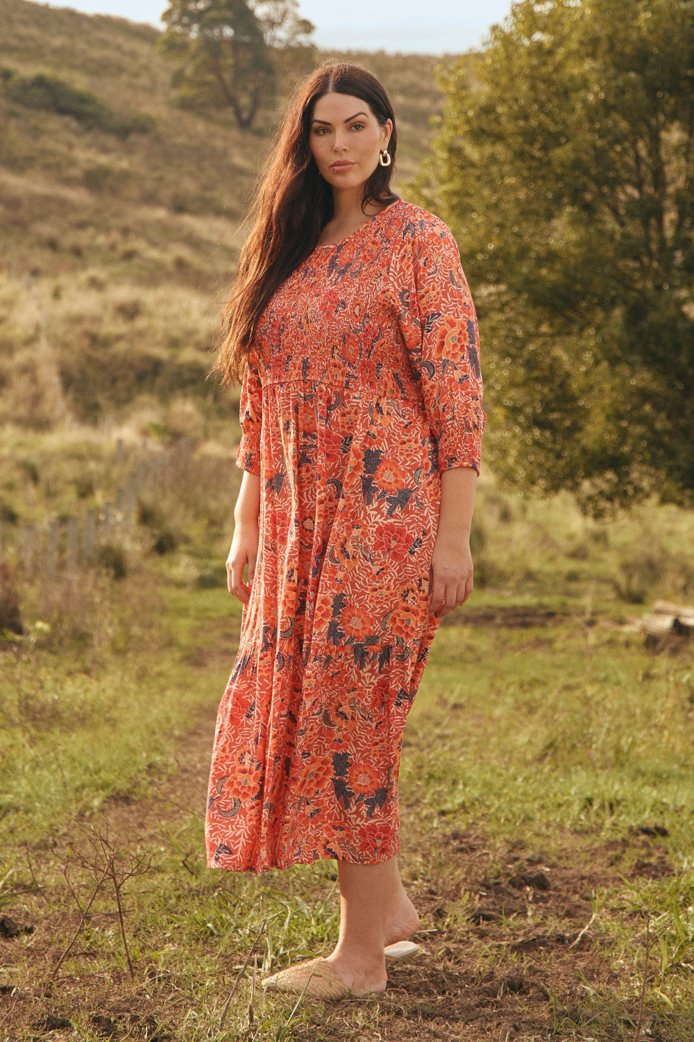 Minden Shirred Dress in Crimson Haze