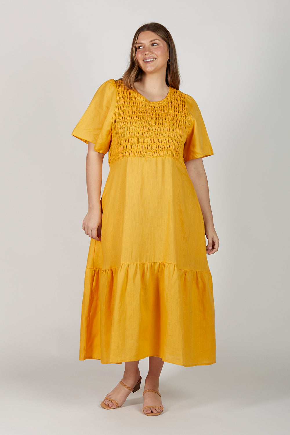 Minden Shirred Linen Dress in Golden Hour