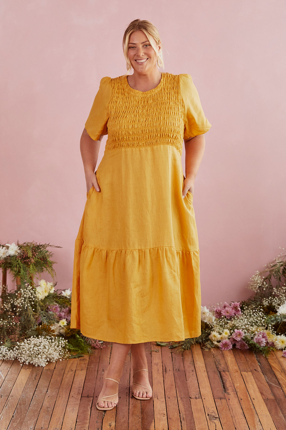 Minden Shirred Linen Dress in Golden Hour