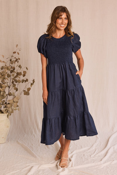 OFB Linen Shirring Dress