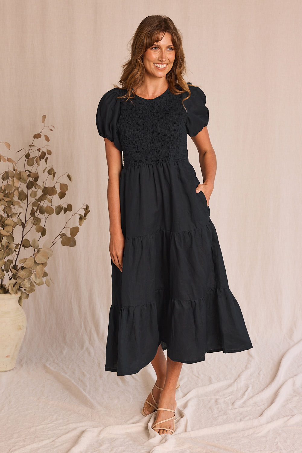 Adrift Basics Minden Shirred Short Sleeve Dress in Black - Linen, Puff ...