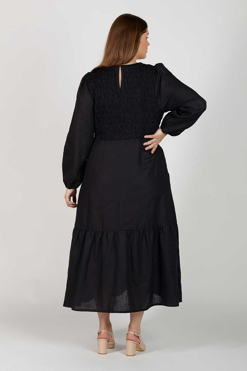 Minden Linen Long Sleeve Shirred Dress in Black