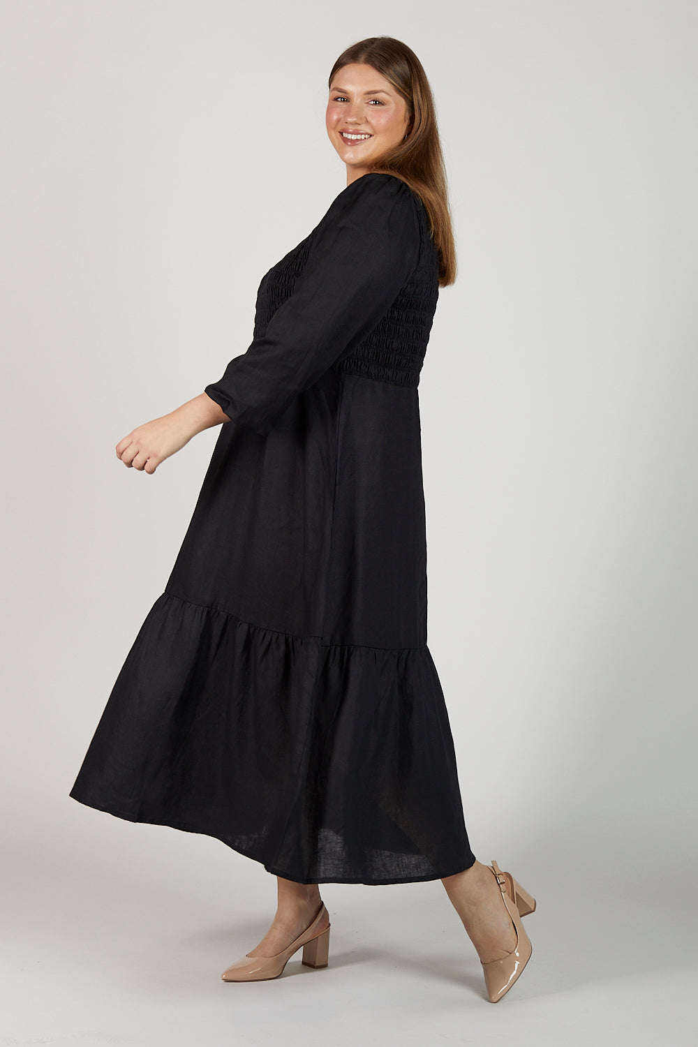 Minden Linen Long Sleeve Shirred Dress in Black