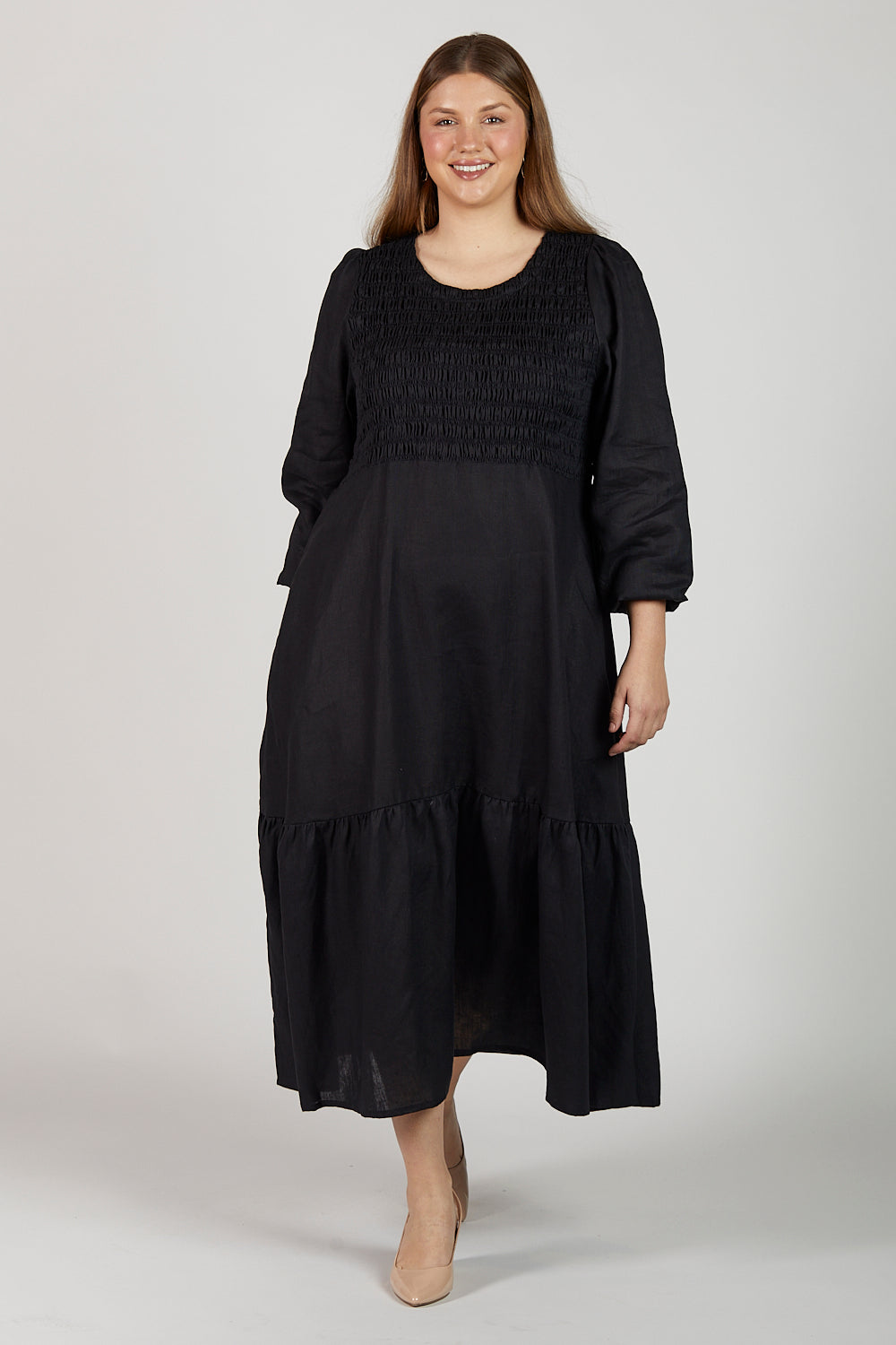 Minden Linen Long Sleeve Shirred Dress in Black