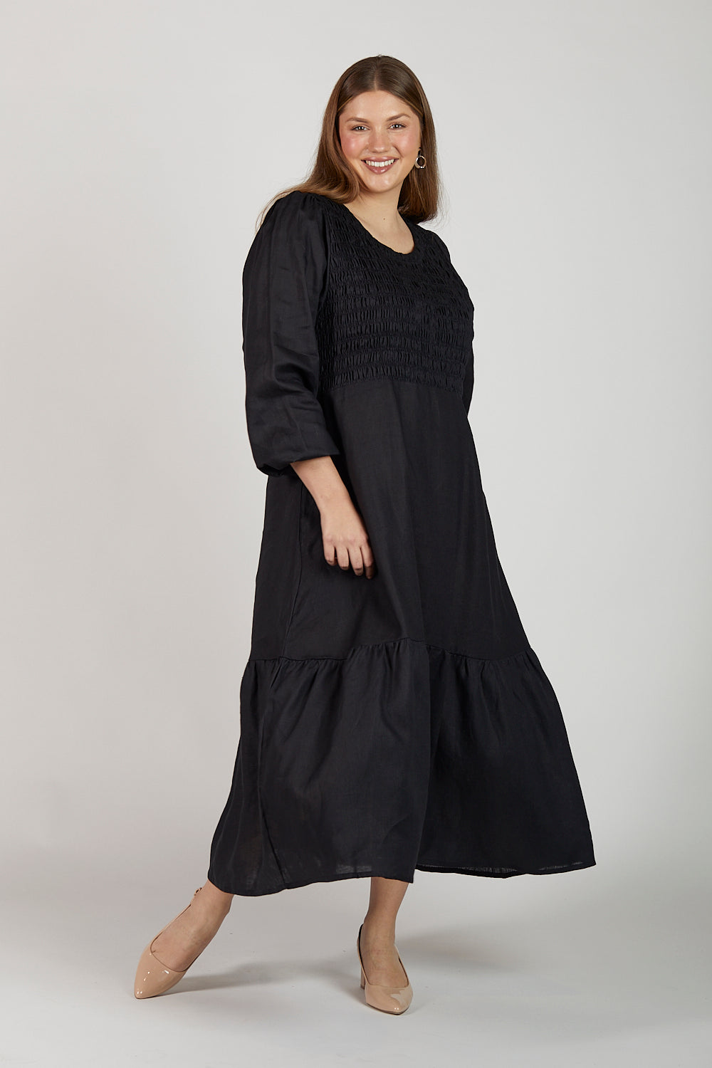 Minden Linen Long Sleeve Shirred Dress in Black