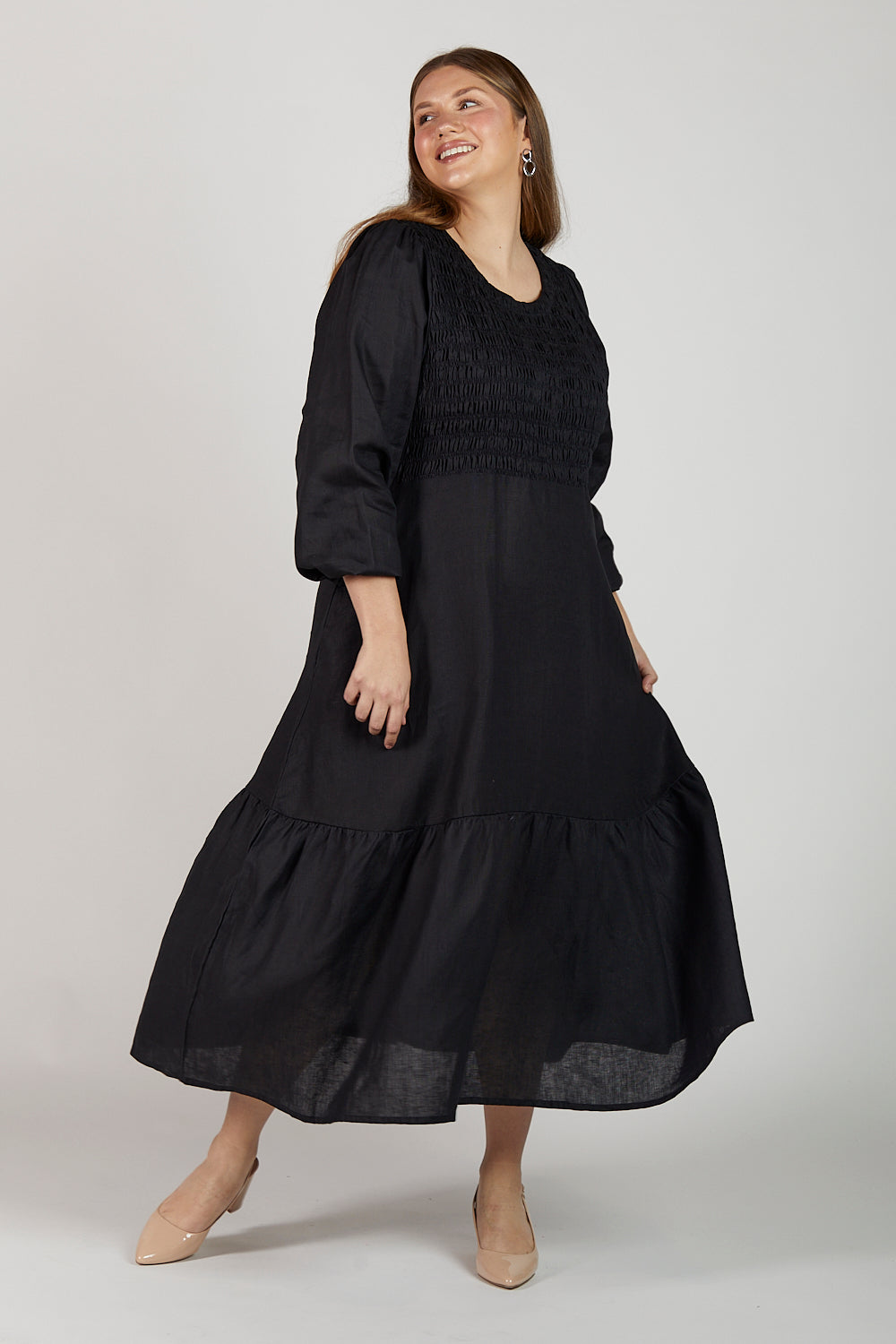 Minden Linen Long Sleeve Shirred Dress in Black