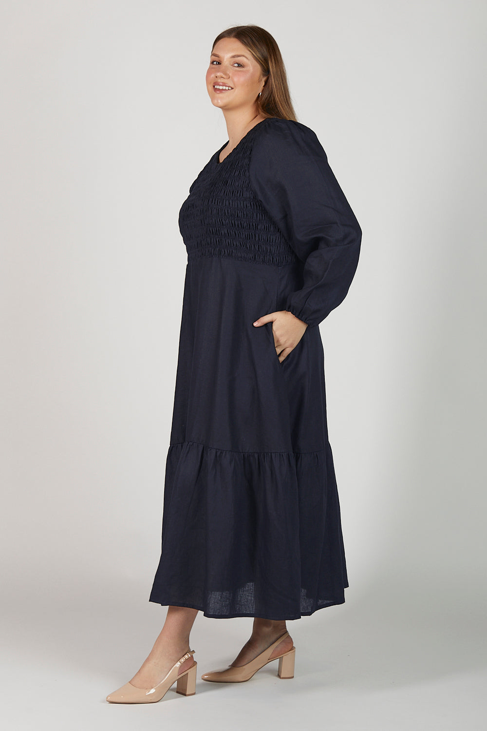 Minden Linen Long Sleeve Shirred Dress in Navy