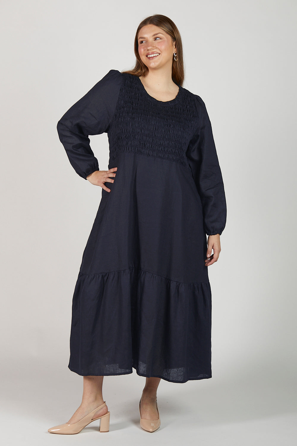 Minden Linen Long Sleeve Shirred Dress in Navy