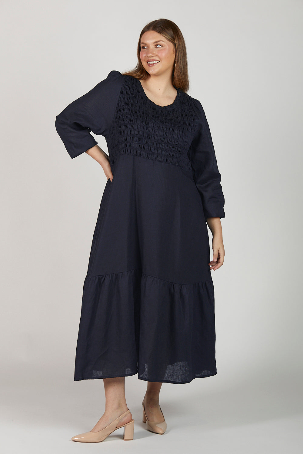 Minden Linen Long Sleeve Shirred Dress in Navy