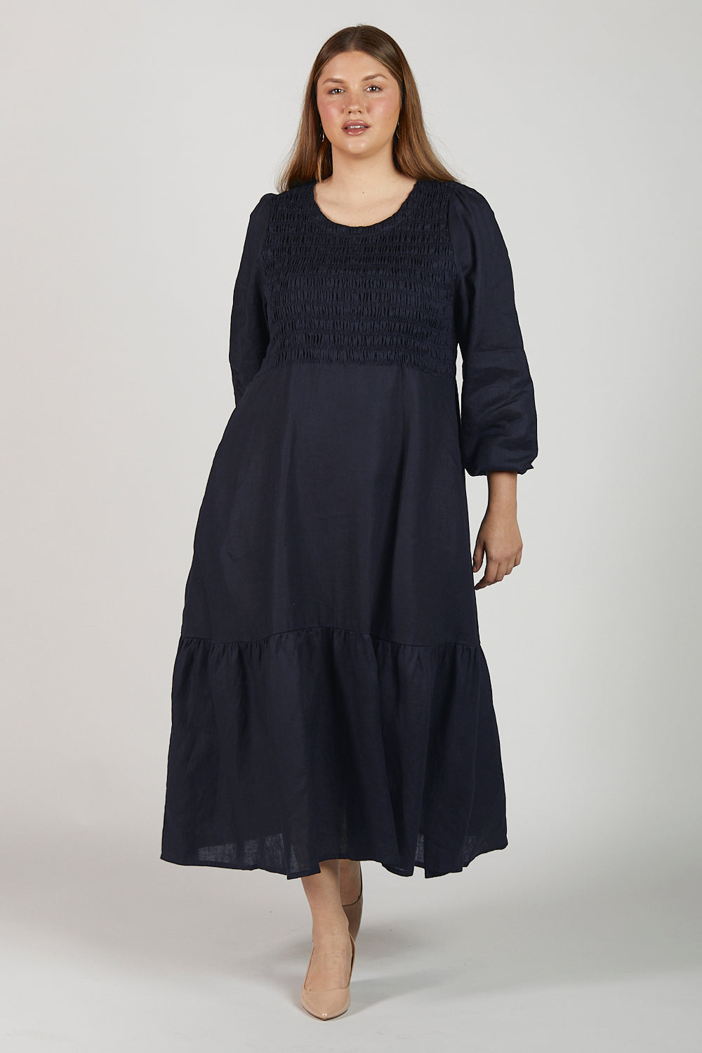 Minden Linen Long Sleeve Shirred Dress in Navy