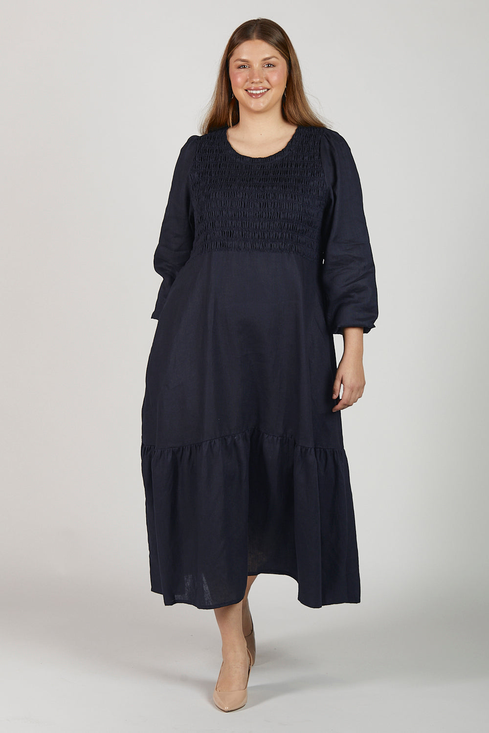 Minden Linen Long Sleeve Shirred Dress in Navy