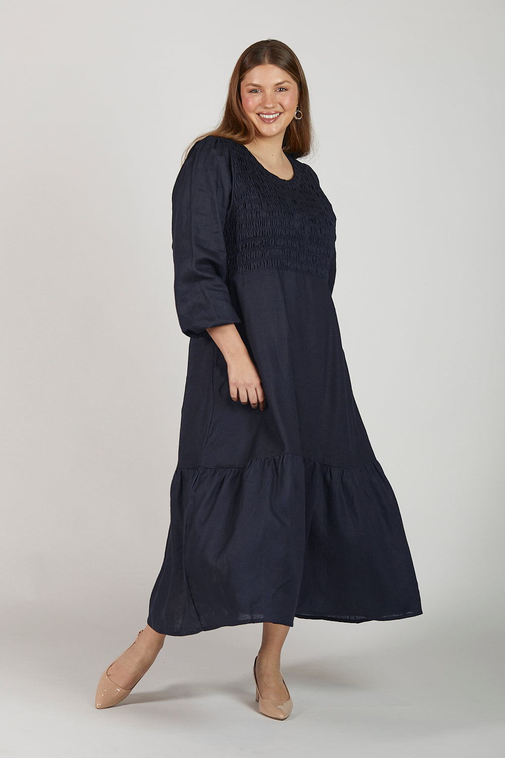 Minden Linen Long Sleeve Shirred Dress in Navy