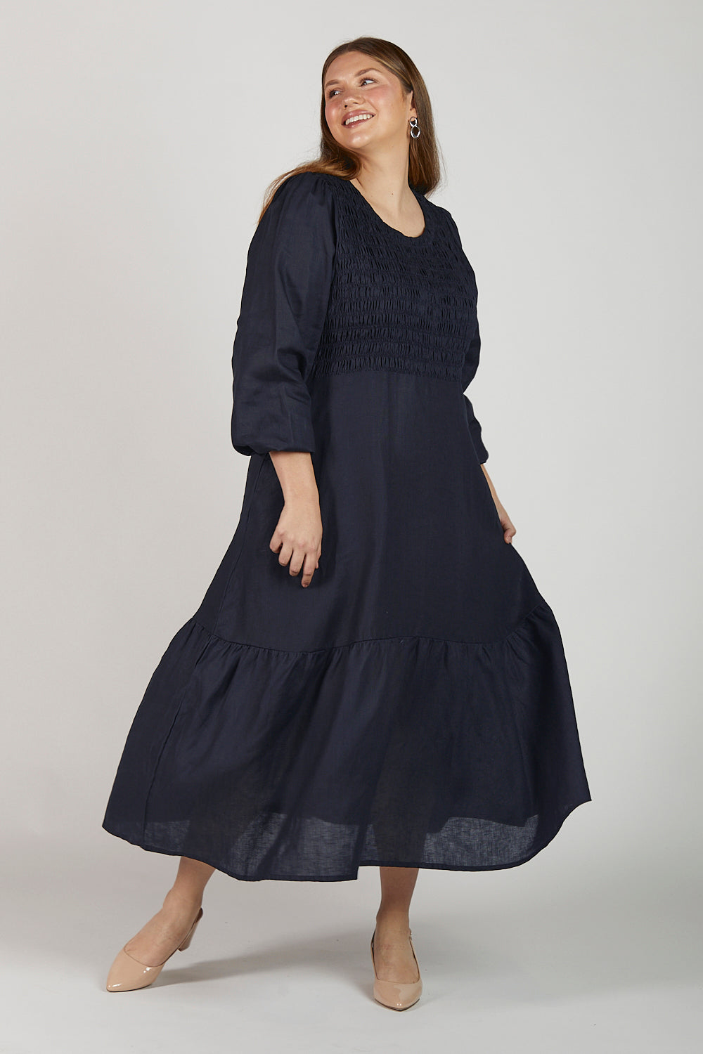 Minden Linen Long Sleeve Shirred Dress in Navy