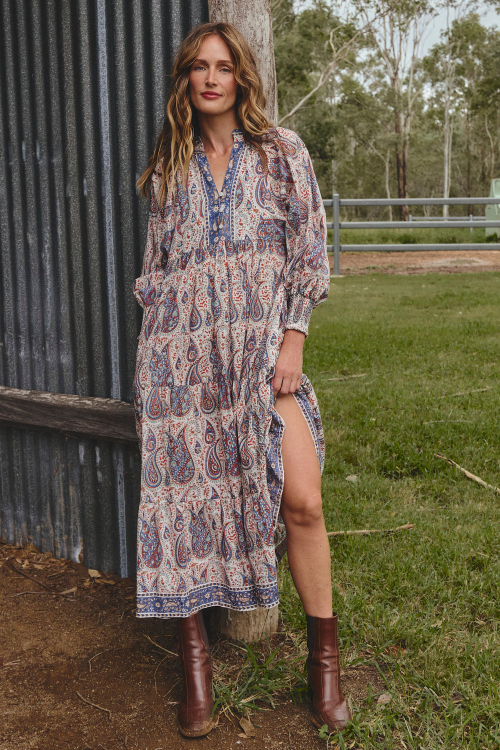 Mirabelle Frill Dress in Kalamkari, Maxi Dress - Adrift Clothing