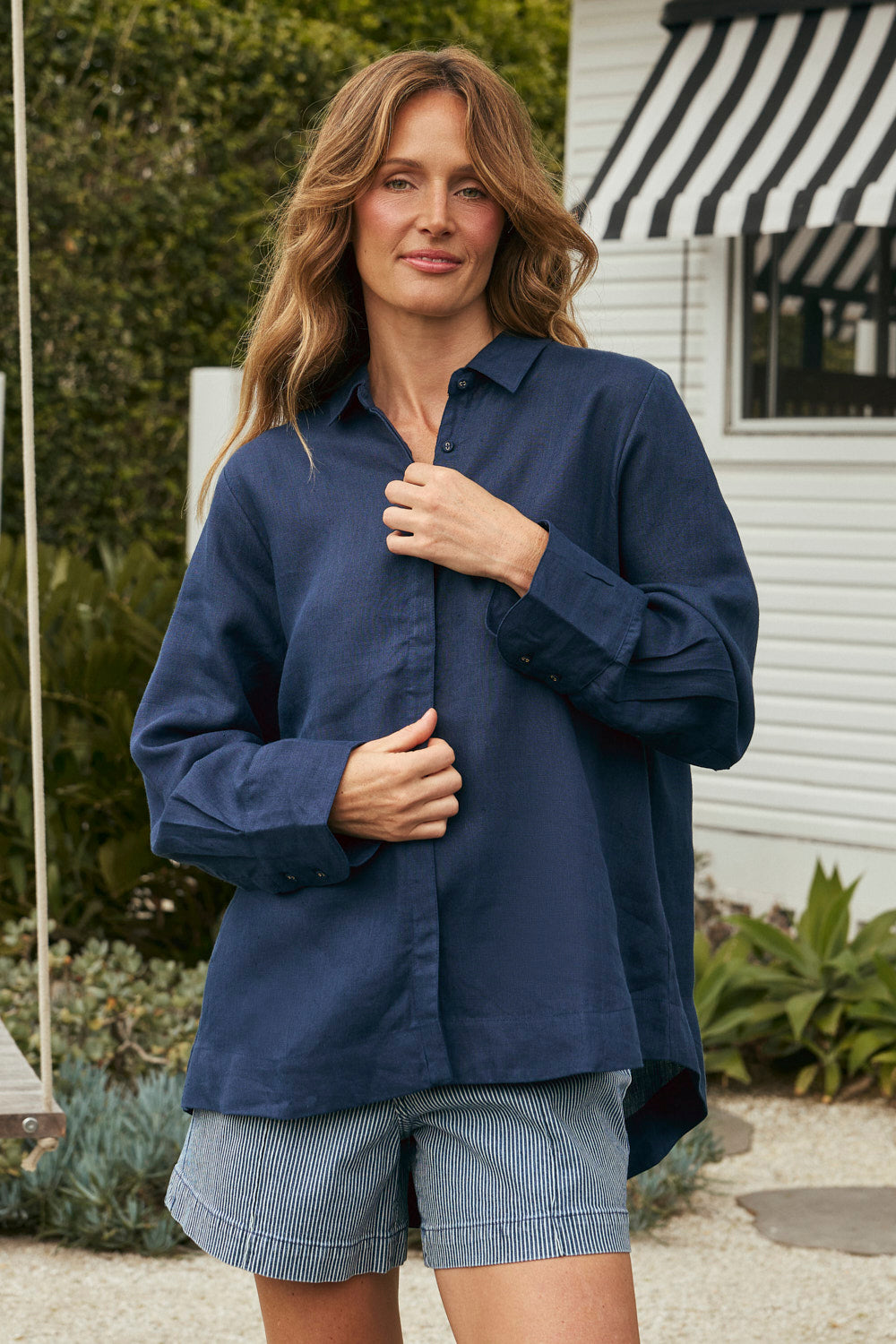 Oversized Linen Boyfriend Shirt in Navy